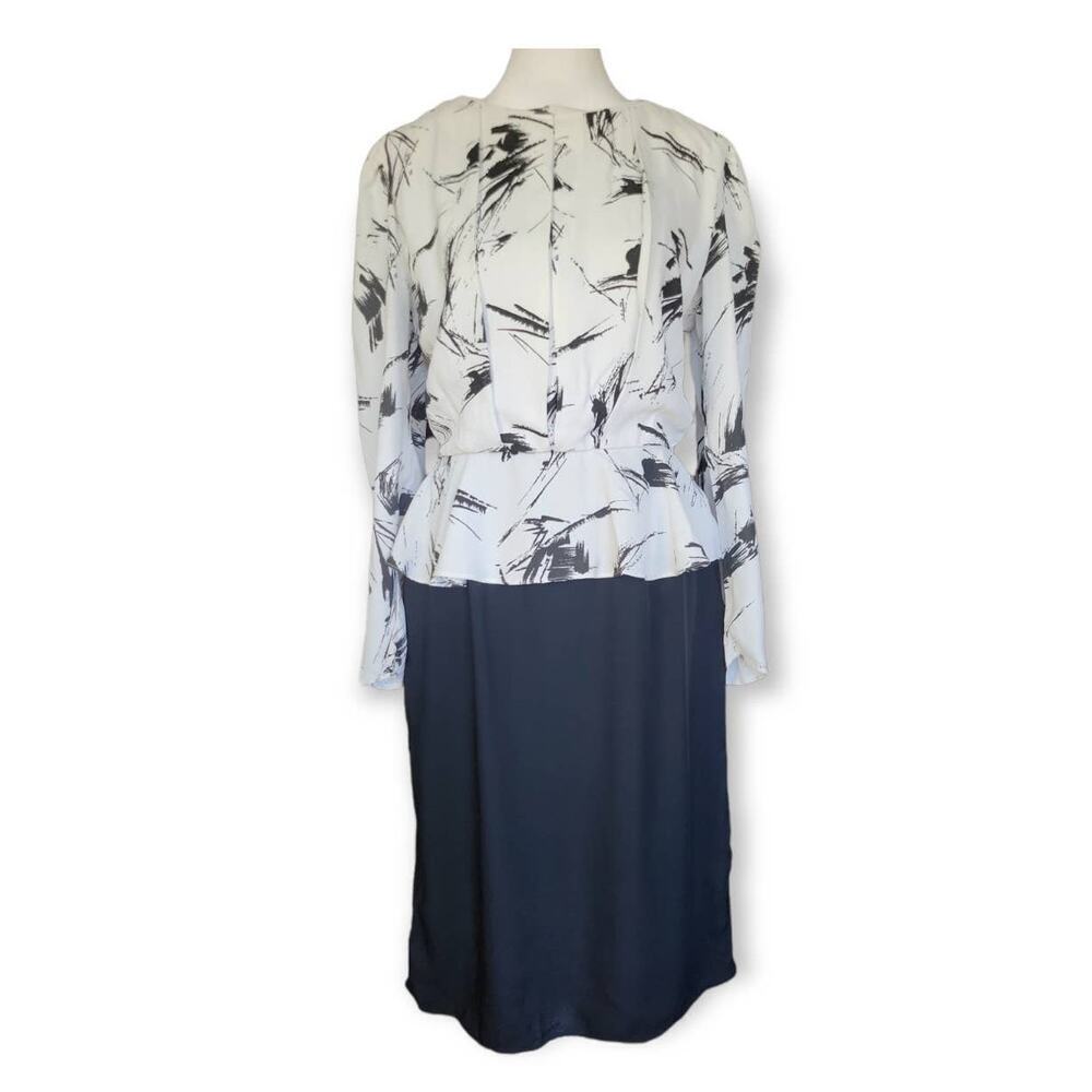 Variations Vintage Abstract Printed Peplum Long Sleeve Pencil Career Dress‎ 12